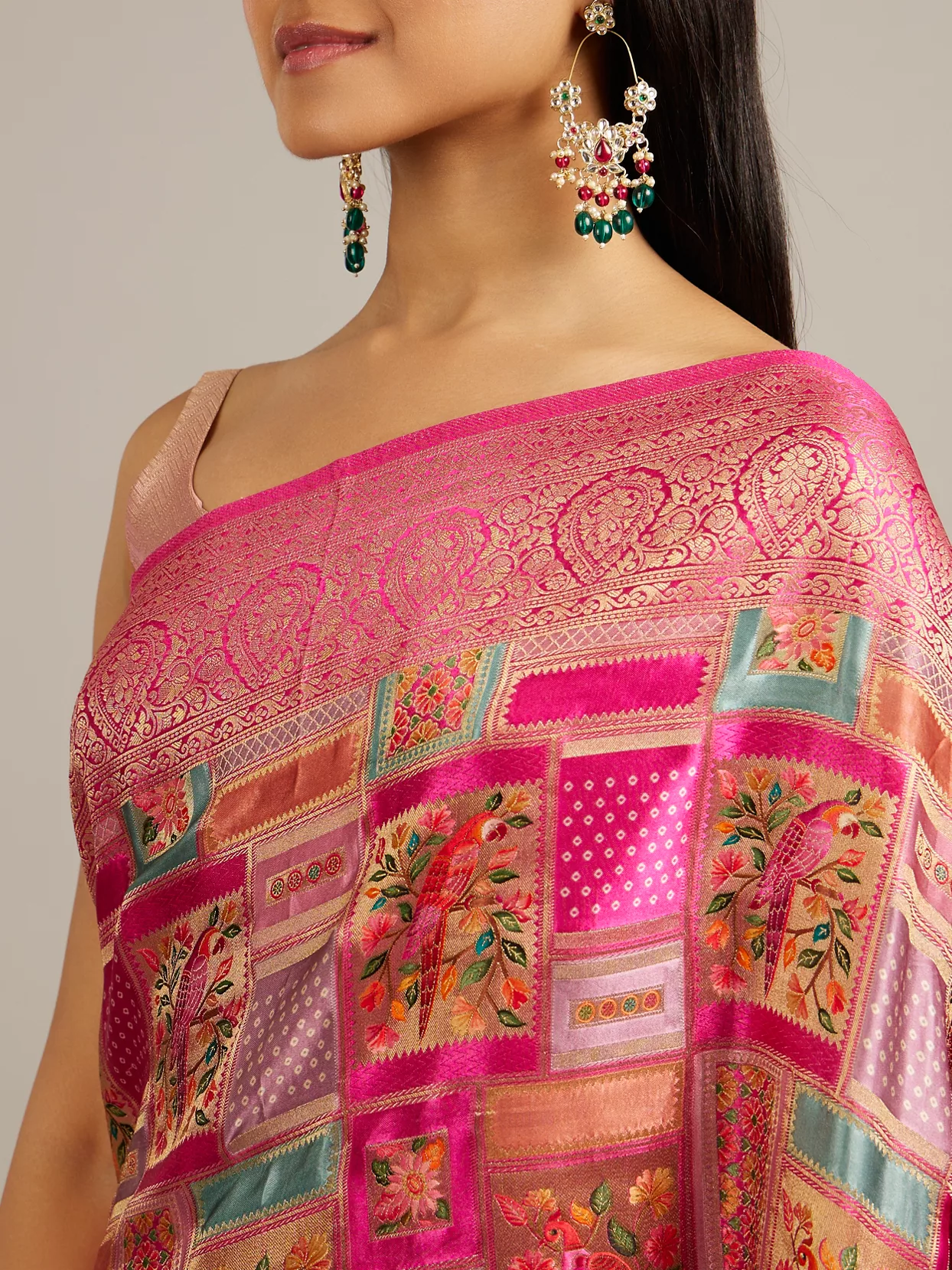 Rani Pink Grid Patterned Saree with Peacock Motifs - Image 2